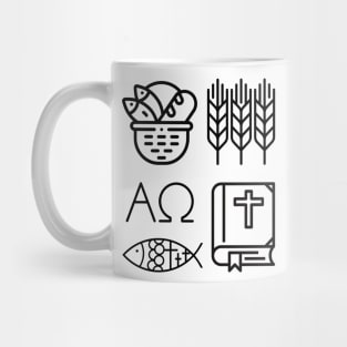 Black and White Christian Symbols Alpha, Omega, Wheat, Harvest, Bible, Fish, Bread Mug